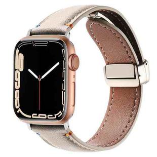 Magnetic Buckle Stitched Genuine Leather Watch Band For Apple Watch 46mm / 49mm / 45mm / 44mm(White Milk)