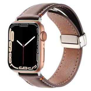 Magnetic Buckle Stitched Genuine Leather Watch Band For Apple Watch 46mm / 49mm / 45mm / 44mm(Dark Brown)