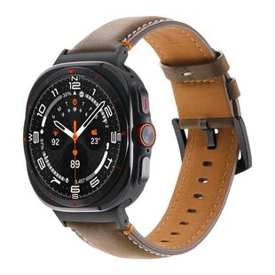 For Samsung Galaxy Watch Ultra 47mm Stitched Black Buckle Genuine Leather Watch Band(Frosted Olive)