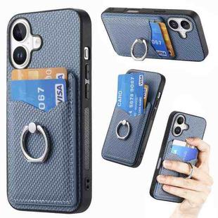 For iPhone 16 Plus Carbon Fiber Card Wallet Ring Phone Case(Blue)