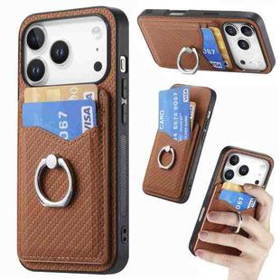 For iPhone 17 Pro Max Carbon Fiber Card Wallet Ring Phone Case(Brown)