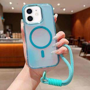 For iPhone 11 Bright Shadow  Magsafe Discoloration Phone Case with Wrist Strap(Blue)