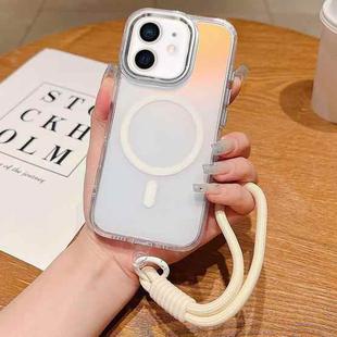 For iPhone 11 Bright Shadow  Magsafe Discoloration Phone Case with Wrist Strap(White)