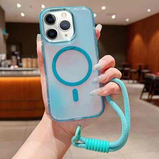 For iPhone 11 Pro Max Bright Shadow  Magsafe Discoloration Phone Case with Wrist Strap(Blue)