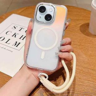 For iPhone 15 Plus Bright Shadow  Magsafe Discoloration Phone Case with Wrist Strap(White)