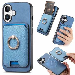 For iPhone 16 Retro Cross Leather Card Bag MagSafe Phone Case(Blue)