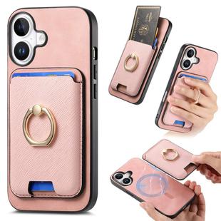 For iPhone 16 Retro Cross Leather Card Bag MagSafe Phone Case(Pink)