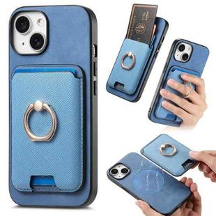 For iPhone 15 Plus Retro Cross Leather Card Bag MagSafe Phone Case(Blue)