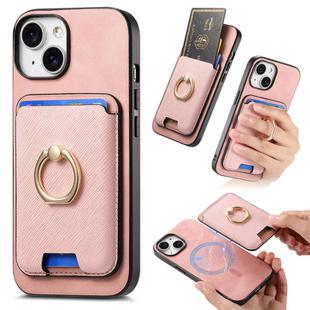 For iPhone 15 Plus Retro Cross Leather Card Bag MagSafe Phone Case(Pink)