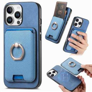 For iPhone 15 Pro Max Retro Cross Leather Card Bag MagSafe Phone Case(Blue)