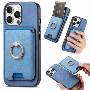 For iPhone 14 Pro Retro Cross Leather Card Bag MagSafe Phone Case(Blue)