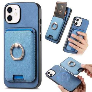 For iPhone 11 Retro Cross Leather Card Bag MagSafe Phone Case(Blue)