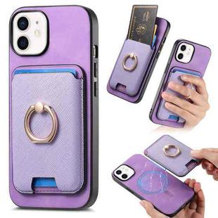 For iPhone 11 Retro Cross Leather Card Bag MagSafe Phone Case(Purple)