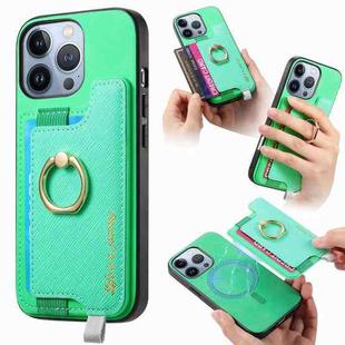 For iPhone 16 Pro Retro Magsafe Cross Leather Ring Holder Card Bag Phone Case(Green)