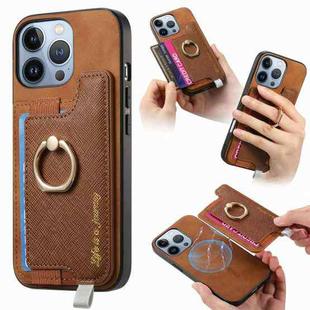 For iPhone 16 Pro Retro Magsafe Cross Leather Ring Holder Card Bag Phone Case(Brown)