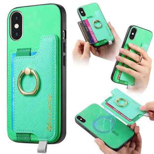 For iPhone X / XS Retro Magsafe Cross Leather Ring Holder Card Bag Phone Case(Green)