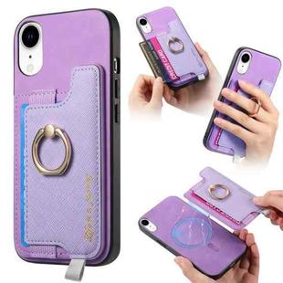 For iPhone XR Retro Magsafe Cross Leather Ring Holder Card Bag Phone Case(Purple)