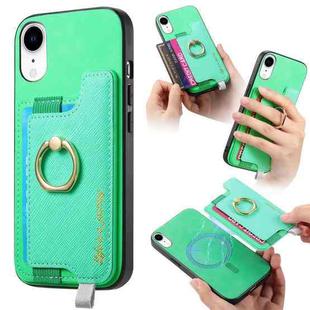 For iPhone XR Retro Magsafe Cross Leather Ring Holder Card Bag Phone Case(Green)