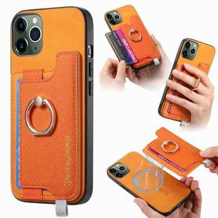 For iPhone 11 Pro Retro Magsafe Cross Leather Ring Holder Card Bag Phone Case(Yellow)