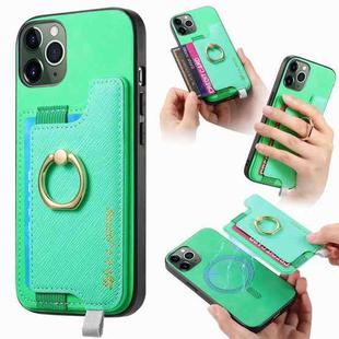 For iPhone 11 Pro Retro Magsafe Cross Leather Ring Holder Card Bag Phone Case(Green)