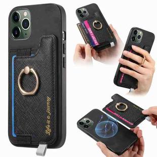 For iPhone 11 Pro Max Retro Magsafe Cross Leather Ring Holder Card Bag Phone Case(Black)