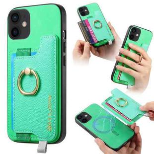 For iPhone 12 / 12 Pro Retro Magsafe Cross Leather Ring Holder Card Bag Phone Case(Green)