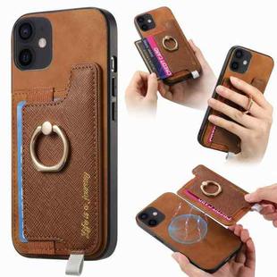 For iPhone 12 / 12 Pro Retro Magsafe Cross Leather Ring Holder Card Bag Phone Case(Brown)