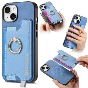 For iPhone 15 Retro Magsafe Cross Leather Ring Holder Card Bag Phone Case(Blue)