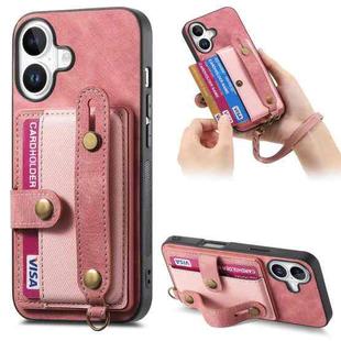 For iPhone 16 Retro Cross Wristband Wallet Leather Back Phone Case(Pink)