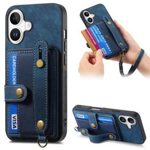 For iPhone 16 Retro Cross Wristband Wallet Leather Back Phone Case(Blue)