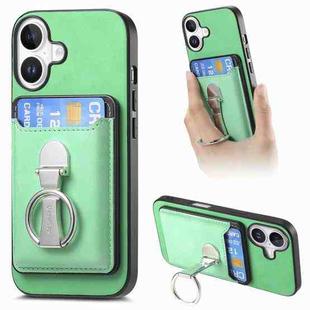 For iPhone 16 Retro Folding Ring Holder Card Bag MagSafe Phone Case(Green)