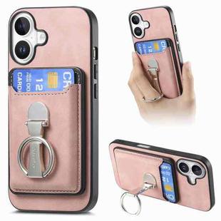 For iPhone 16 Retro Folding Ring Holder Card Bag MagSafe Phone Case(Pink)