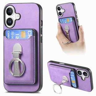 For iPhone 16 Plus Retro Folding Ring Holder Card Bag MagSafe Phone Case(Purple)