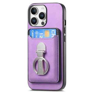 For iPhone 16 Pro Retro Folding Ring Holder Card Bag MagSafe Phone Case(Purple)