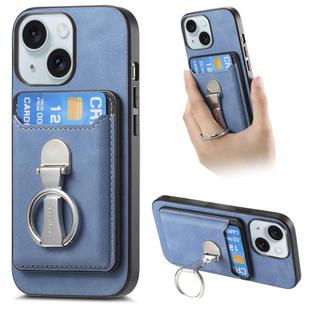 For iPhone 15 Retro Folding Ring Holder Card Bag MagSafe Phone Case(Blue)