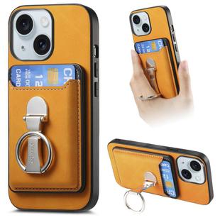 For iPhone 15 Plus Retro Folding Ring Holder Card Bag MagSafe Phone Case(Yellow)