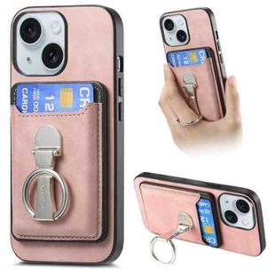For iPhone 15 Plus Retro Folding Ring Holder Card Bag MagSafe Phone Case(Pink)