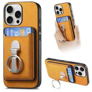 For iPhone 15 Pro Retro Folding Ring Holder Card Bag MagSafe Phone Case(Yellow)