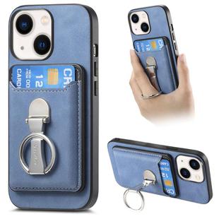 For iPhone 14 Retro Folding Ring Holder Card Bag MagSafe Phone Case(Blue)