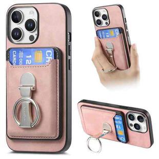 For iPhone 14 Pro Retro Folding Ring Holder Card Bag MagSafe Phone Case(Pink)