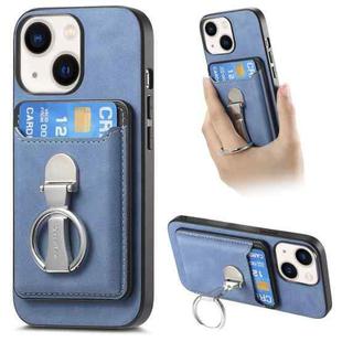 For iPhone 14 Plus Retro Folding Ring Holder Card Bag MagSafe Phone Case(Blue)