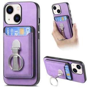 For iPhone 13 Retro Folding Ring Holder Card Bag MagSafe Phone Case(Purple)