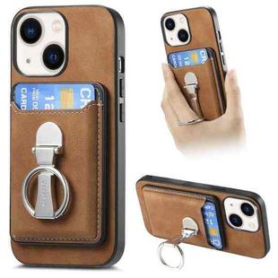 For iPhone 13 Retro Folding Ring Holder Card Bag MagSafe Phone Case(Brown)