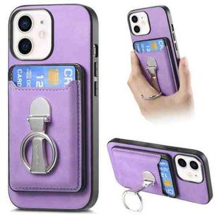 For iPhone 11 Retro Folding Ring Holder Card Bag MagSafe Phone Case(Purple)
