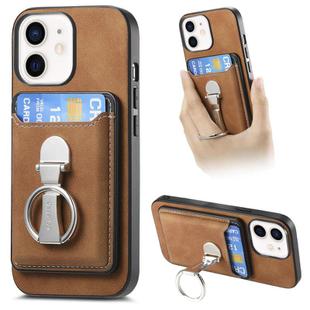 For iPhone 11 Retro Folding Ring Holder Card Bag MagSafe Phone Case(Brown)