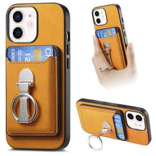 For iPhone 11 Retro Folding Ring Holder Card Bag MagSafe Phone Case(Yellow)