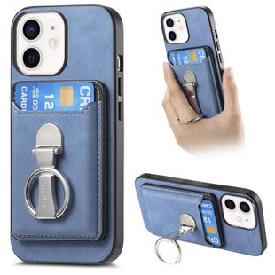 For iPhone 11 Retro Folding Ring Holder Card Bag MagSafe Phone Case(Blue)