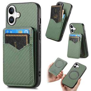 For iPhone 16 Carbon Fiber MagSafe Vertical Flip Card Bag Phone Case(Green)