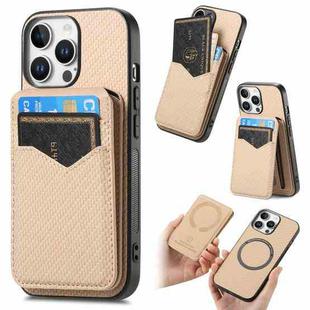 For iPhone 16 Pro Carbon Fiber MagSafe Vertical Flip Card Bag Phone Case(Khaki)