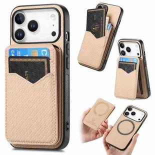 For iPhone 17 Pro Max Carbon Fiber MagSafe Vertical Flip Card Bag Phone Case(Khaki)